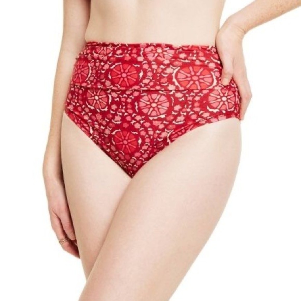 Rhode Zinnia Floral Print High Waisted Bikini Bottom Red Ruched Swim Medium